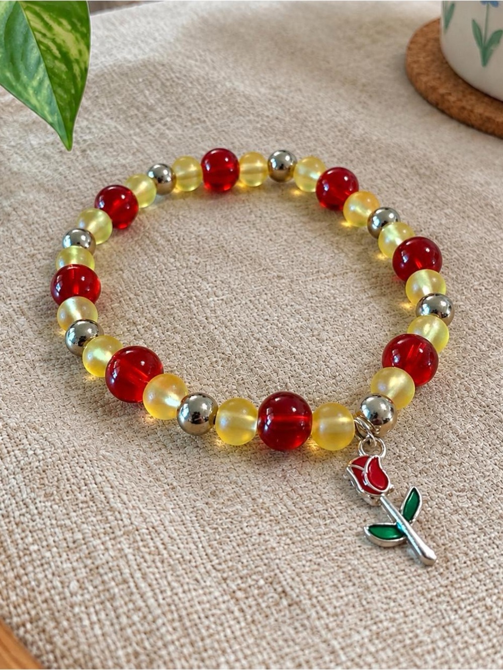 Handmade Red & Yellow Beaded Rose Charm Bracelet